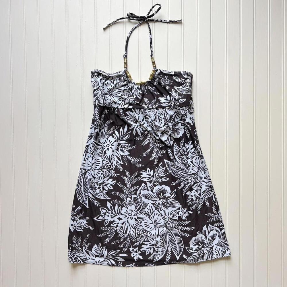 Brown and white tropical floral print halter dress